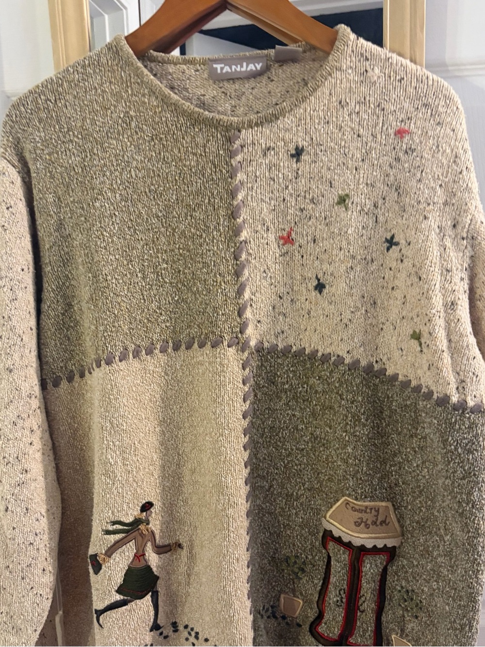 Vintage TanJay Beige & Olive Patchwork Crewneck Sweater with Embroidered Motifs